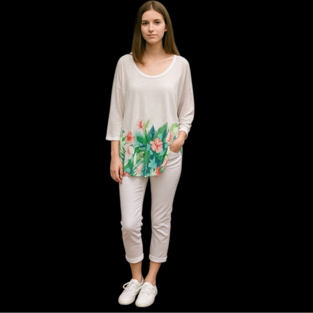Tommy Bahama L White Pink Floral Linen 3/4 Sleeve Relaxed Tee